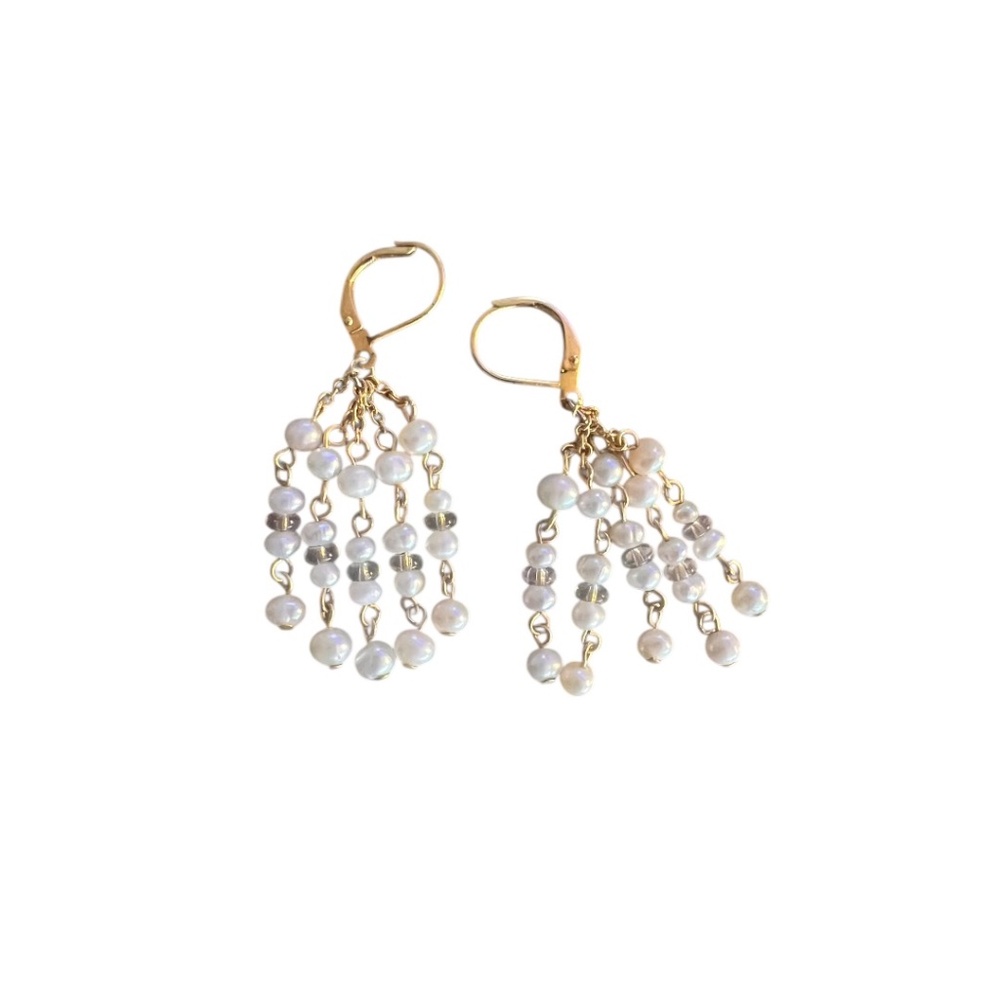 Gold Tone Pearl Dangle Earrings, Beaded Fringe Drop, Never Worn